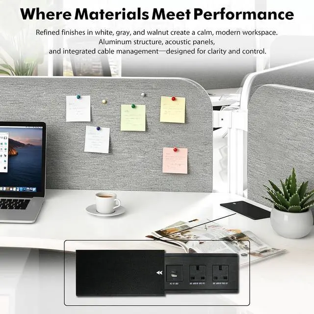 Alt view image 3 of 7 - 3 Person Office Workstation Desk with Locking Mobile Pedestal, White Full Office Cubicle Desk with Drawers and Cabinet, Power Outlets & USB Ports, Commercial Modern Team Desk (4 desk for 12 person)
