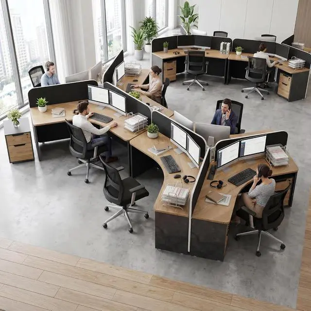 Alt view image 6 of 7 - 3 Person Office Workstation Desk with Locking Mobile Pedestal, Black Full Office Cubicle Desk with Drawers and Cabinet, Power Outlets & USB Ports, Commercial Modern Team Desk (4 desk for 12 person)