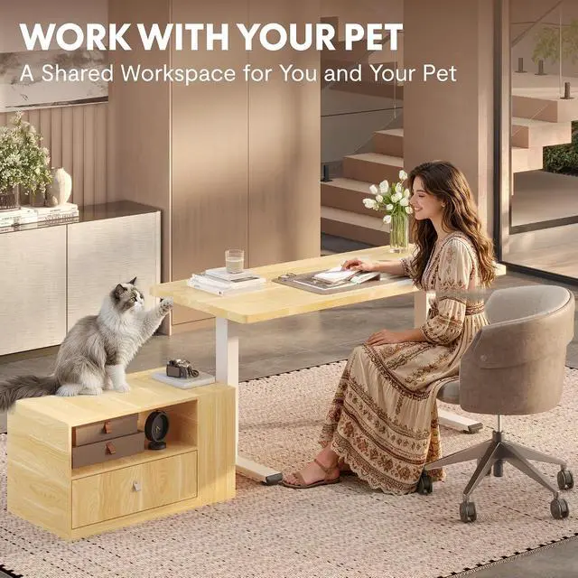 Alt view image 6 of 7 - L Shaped Executive Standing Desk with Drawers, Large Electric Height Adjustable Desk, Sit Stand Desk for Home Office and Workstation, Mobile Cabinet (63"x32" White Wood Grain)