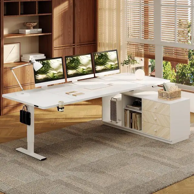 Main image of L Shaped Standing Desk with Drawers, Large Electric Height Adjustable Executive Desk, Sit Stand Desk for Home Office and Workstation, PC Cabinet (79"x32" White)