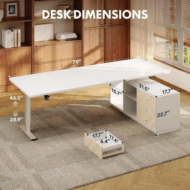 Alt view image 2 of 7 - L Shaped Standing Desk with Drawers, Large Electric Height Adjustable Executive Desk, Sit Stand Desk for Home Office and Workstation, PC Cabinet (79"x32" White)