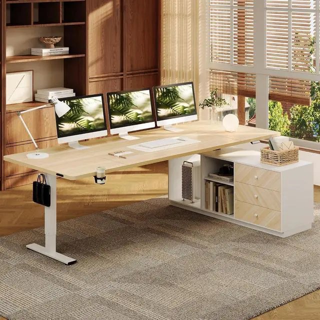 Main image of L Shaped Standing Desk with Drawers, Large Electric Height Adjustable Executive Desk, Sit Stand Desk for Home Office and Workstation, PC Cabinet (79"x32" White Wood Grain)