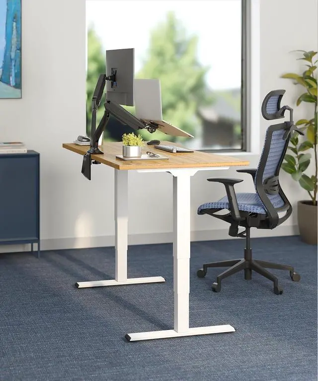 Alt view image 2 of 7 - E6 Bamboo 3-Stage Dual Motor Electric Standing Desk 48 x 24 Sit Stand Up Desk, Holds 220 lbs, Adjustable Height w/ Memory Presets, Solid Bamboo Curved Desktop & White Frame, Ships in 2 Boxes