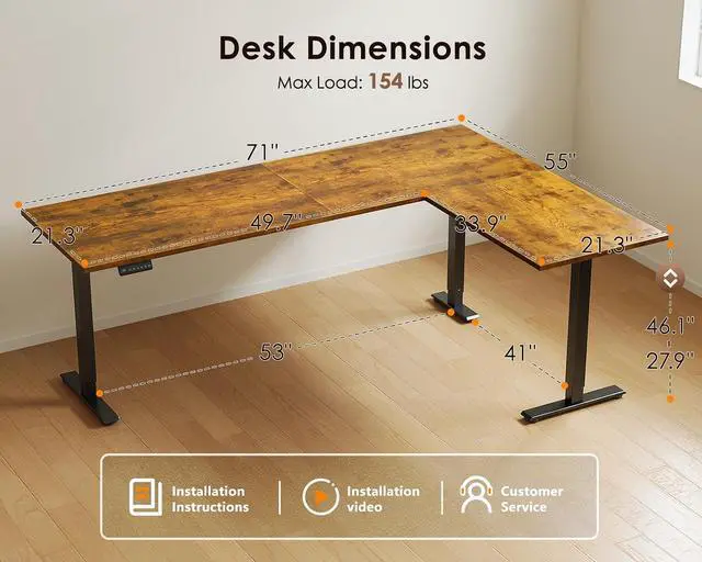 Alt view image 3 of 7 - 71 Inch Reversible L Shaped Electric Standing Desk, Height Adjustable Corner Stand up Desk, Ergonomic Large Lift Computer Table for Home, Office, Workstation, Rustic Brown