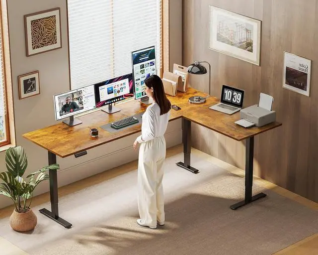 Alt view image 2 of 7 - 71 Inch Reversible L Shaped Electric Standing Desk, Height Adjustable Corner Stand up Desk, Ergonomic Large Lift Computer Table for Home, Office, Workstation, Rustic Brown