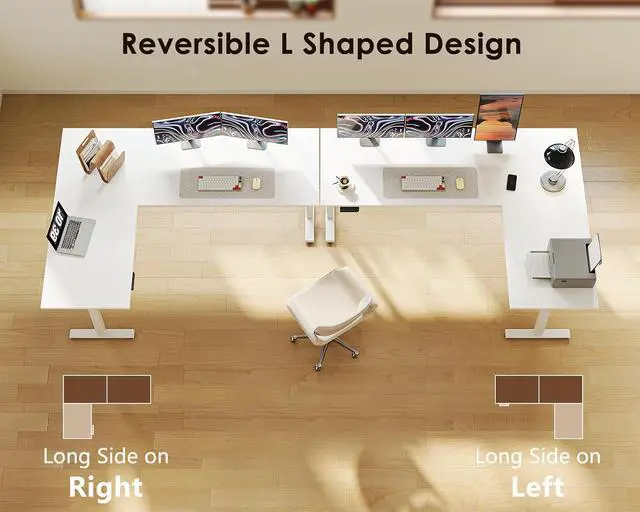 Alt view image 4 of 7 - 63 Inch Reversible L Shaped Electric Standing Desk, Height Adjustable Corner Stand up Desk, Ergonomic Large Lift Computer Table for Home, Office, Workstation, White