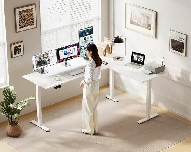 Alt view image 2 of 7 - 63 Inch Reversible L Shaped Electric Standing Desk, Height Adjustable Corner Stand up Desk, Ergonomic Large Lift Computer Table for Home, Office, Workstation, White