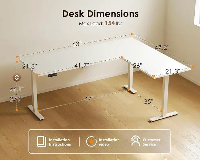 Alt view image 3 of 7 - 63 Inch Reversible L Shaped Electric Standing Desk, Height Adjustable Corner Stand up Desk, Ergonomic Large Lift Computer Table for Home, Office, Workstation, White