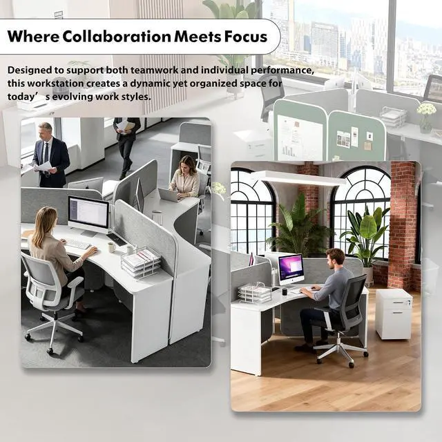 Alt view image 5 of 7 - 3 Person Office Workstation Desk with Locking Mobile Pedestal, White Full Office Cubicle Desk with Drawers and Cabinet, Power Outlets & USB Ports, Commercial Modern Team Desk (4 desk for 12 person)