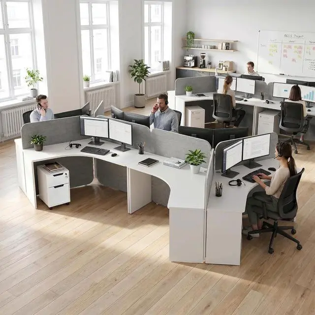 Alt view image 6 of 7 - 3 Person Office Workstation Desk with Locking Mobile Pedestal, White Full Office Cubicle Desk with Drawers and Cabinet, Power Outlets & USB Ports, Commercial Modern Team Desk (4 desk for 12 person)