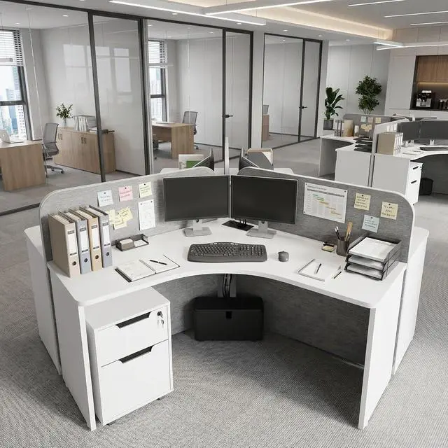 Alt view image 7 of 7 - 3 Person Office Workstation Desk with Locking Mobile Pedestal, White Full Office Cubicle Desk with Drawers and Cabinet, Power Outlets & USB Ports, Commercial Modern Team Desk (4 desk for 12 person)