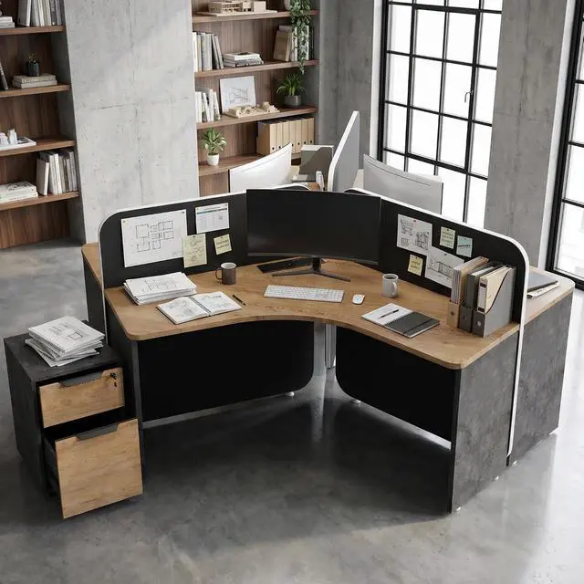 Alt view image 4 of 7 - 3 Person Office Workstation Desk with Locking Mobile Pedestal, Black Full Office Cubicle Desk with Drawers and Cabinet, Power Outlets & USB Ports,Commercial Modern Team Desk( 2 Desk for 6 Person)