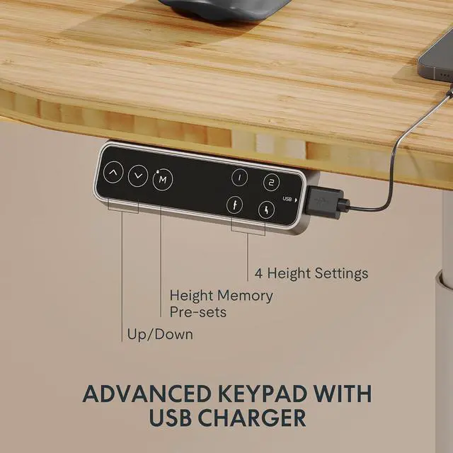 Alt view image 5 of 7 - E6 Pro Organic Modern Bamboo Standing Desk, Dual Motor 3-Stage Height Adjustable Desk with Oval Legs, Heavy Duty 330lbs, 55" x 28" Bamboo Desktop with Ergonomic Curved Edge, White Frame