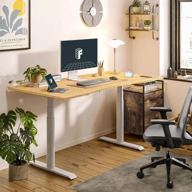 Alt view image 2 of 7 - E6 Pro Organic Modern Bamboo Standing Desk, Dual Motor 3-Stage Height Adjustable Desk with Oval Legs, Heavy Duty 330lbs, 55" x 28" Bamboo Desktop with Ergonomic Curved Edge, White Frame