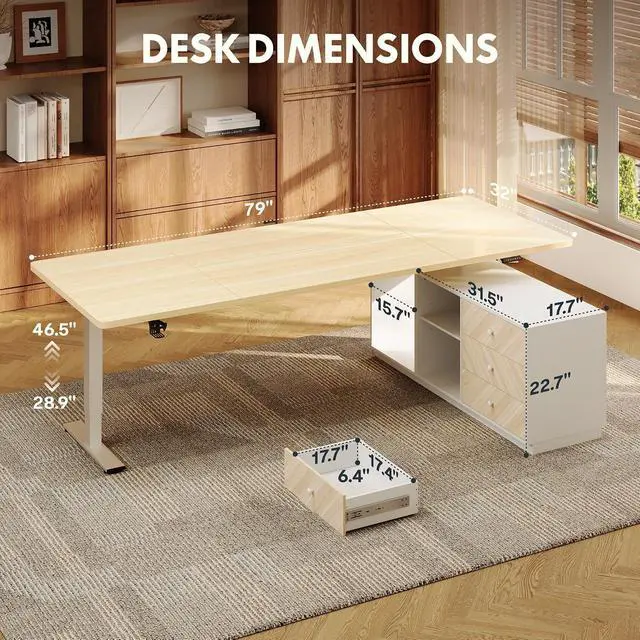Alt view image 2 of 7 - L Shaped Standing Desk with Drawers, Large Electric Height Adjustable Executive Desk, Sit Stand Desk for Home Office and Workstation, PC Cabinet (79"x32" White Wood Grain)
