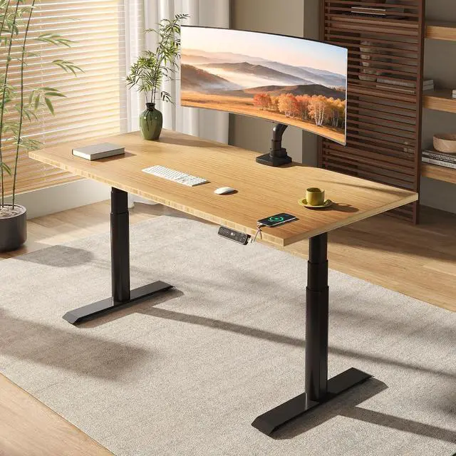 Main image of E6 Pro Large 72" x 30" Organic Modern Bamboo Standing Desk, Electric Dual Motor 3-Stage Height Adjustable Desk with Oval Legs, Heavy Duty 330lbs, Bamboo Desktop, Black Frame