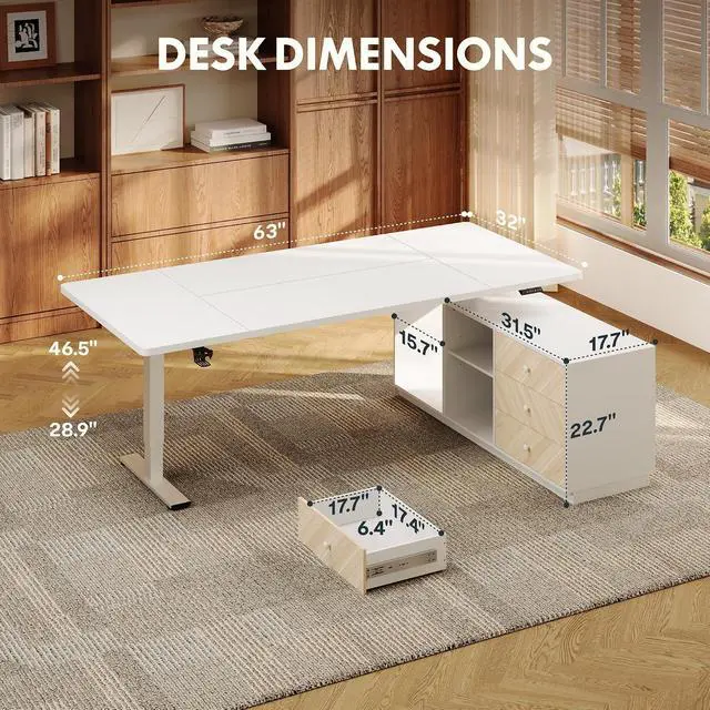 Alt view image 2 of 7 - L Shaped Standing Desk with Drawers, Large Electric Height Adjustable Executive Desk, Sit Stand Desk for Home Office and Workstation, PC Cabinet (63"x32" White)