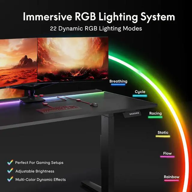 Alt view image 4 of 7 - Electric RGB Gaming Standing Desk, 55" Dual Motor Height Adjustable Desk with Integrated Cable Management, Ergonomic Sit-Stand Computer Workstation for PC Gamers