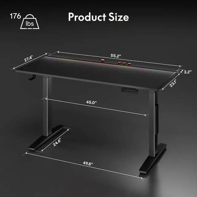 Alt view image 3 of 7 - Electric RGB Gaming Standing Desk, 55" Dual Motor Height Adjustable Desk with Integrated Cable Management, Ergonomic Sit-Stand Computer Workstation for PC Gamers