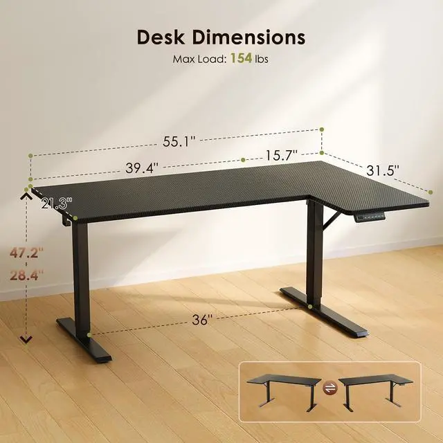 Alt view image 3 of 7 - Electric L Shaped Standing Desk, 55 Inches Height Adjustable Table, Reversible Corner Stand Up Desk, Lifting Computer Table for Home Office, Computer Workstation, Carbon Fiber Black