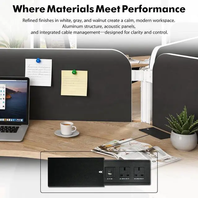 Alt view image 3 of 7 - 3 Person Office Workstation Desk with Locking Mobile Pedestal, Black Full Office Cubicle Desk with Drawers and Cabinet, Power Outlets & USB Ports,Commercial Modern Team Desk (1 desk for 3 person)