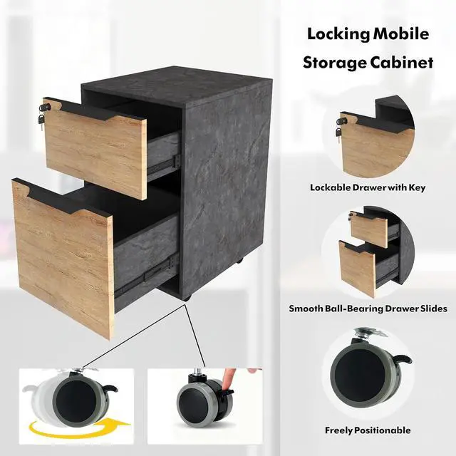 Alt view image 4 of 7 - 3 Person Office Workstation Desk with Locking Mobile Pedestal, Black Full Office Cubicle Desk with Drawers and Cabinet, Power Outlets & USB Ports,Commercial Modern Team Desk (1 desk for 3 person)