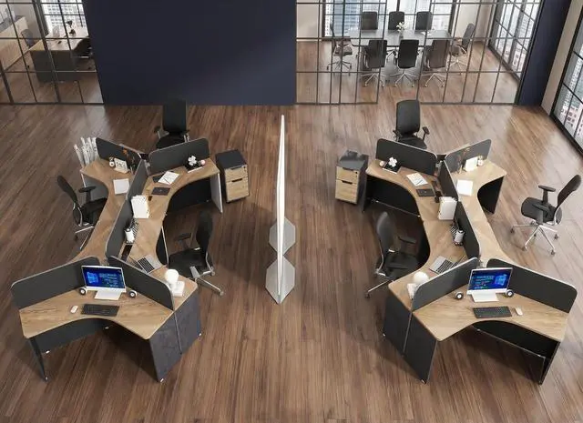 Alt view image 7 of 7 - 3 Person Office Workstation Desk with Locking Mobile Pedestal, Black Full Office Cubicle Desk with Drawers and Cabinet, Power Outlets & USB Ports,Commercial Modern Team Desk (1 desk for 3 person)