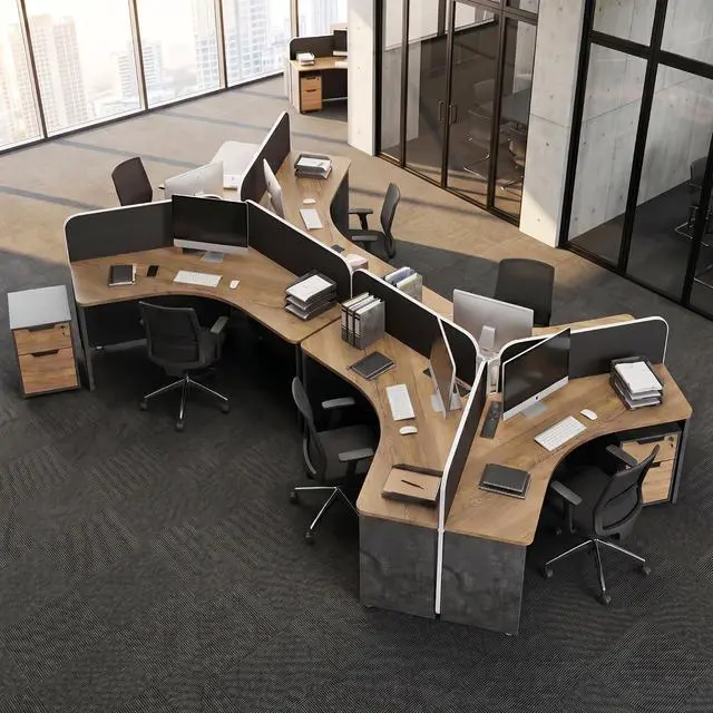 Alt view image 6 of 7 - 3 Person Office Workstation Desk with Locking Mobile Pedestal, Black Full Office Cubicle Desk with Drawers and Cabinet, Power Outlets & USB Ports,Commercial Modern Team Desk (1 desk for 3 person)