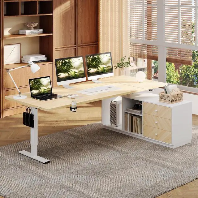 Main image of L Shaped Standing Desk with Drawers, Large Electric Height Adjustable Executive Desk, Sit Stand Desk for Home Office and Workstation, PC Cabinet (71"x32" White Wood Grain)