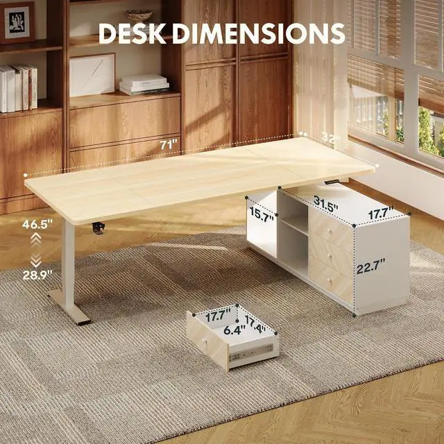 Alt view image 2 of 7 - L Shaped Standing Desk with Drawers, Large Electric Height Adjustable Executive Desk, Sit Stand Desk for Home Office and Workstation, PC Cabinet (71"x32" White Wood Grain)