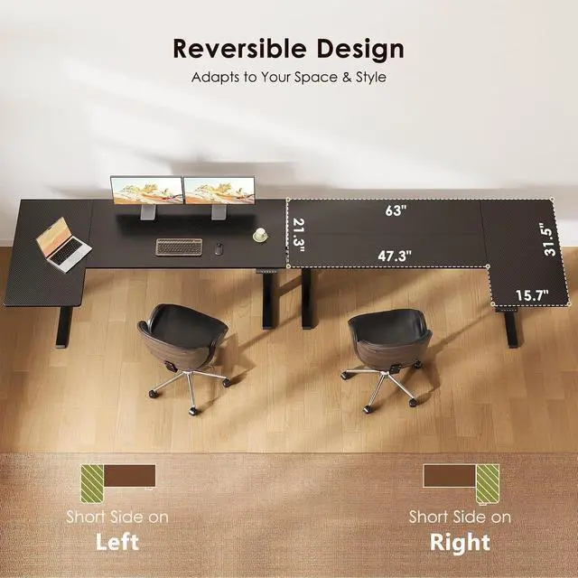 Alt view image 5 of 7 - Electric L Shaped Standing Desk, 63 Inches Height Adjustable Table, Reversible Corner Stand Up Desk, Lifting Computer Table for Home Office, Computer Workstation, Carbon Fiber Black