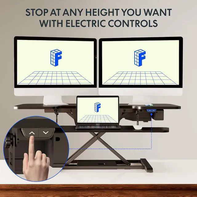 Alt view image 5 of 7 - 42 inch Electric Motor Desk Converter, Height Adjustable Motorized Stand up Desk Riser with Quick Release Keyboard Tray, Black Monitors and Laptop Workstation