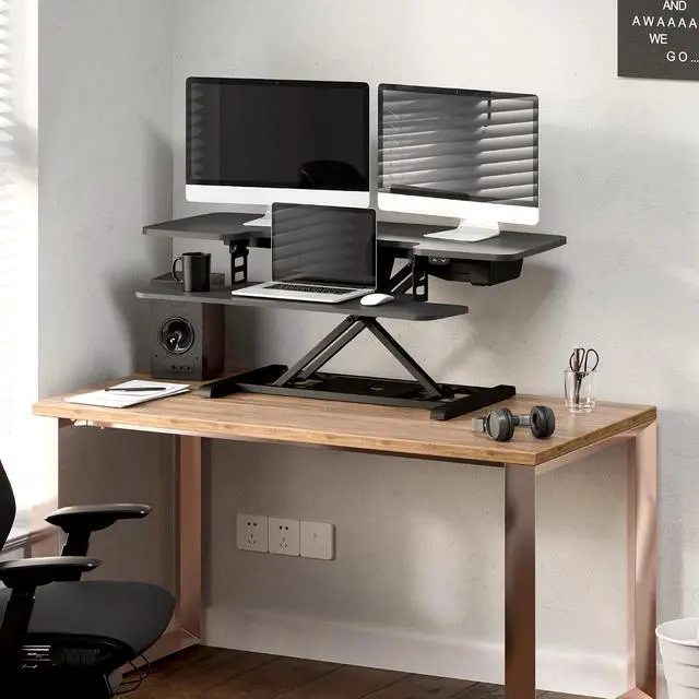Alt view image 2 of 7 - 42 inch Electric Motor Desk Converter, Height Adjustable Motorized Stand up Desk Riser with Quick Release Keyboard Tray, Black Monitors and Laptop Workstation