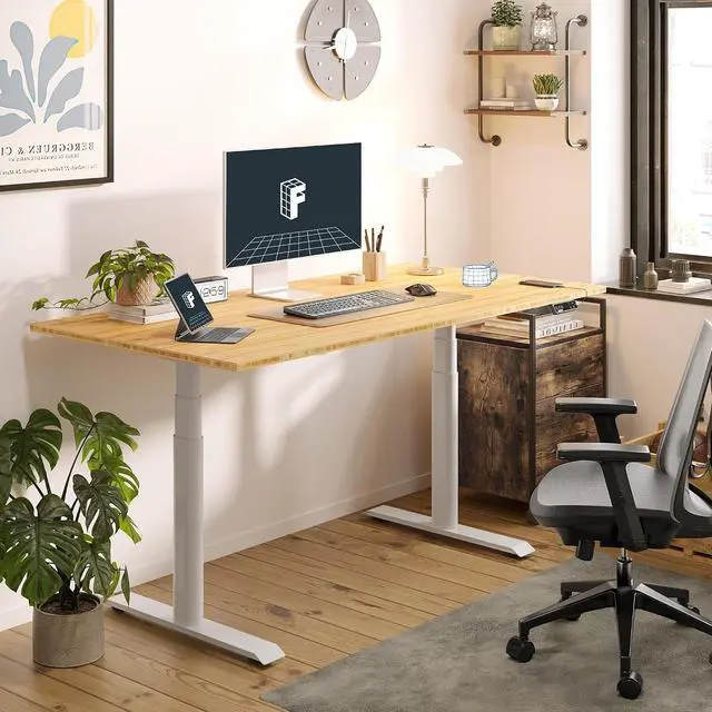 Alt view image 2 of 7 - E6 Pro Organic Modern Bamboo Standing Desk, Electric Dual Motor 3-Stage Height Adjustable Desk with Oval Legs, Heavy Duty 330lbs, 55" x 28" Bamboo Desktop, White Frame