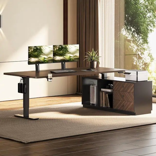 Main image of L Shaped Executive Standing Desk with Drawers, Large Electric Height Adjustable Desk, Sit Stand Desk for Home Office and Workstation, PC Cabinet (63"x32" Black Walnut)