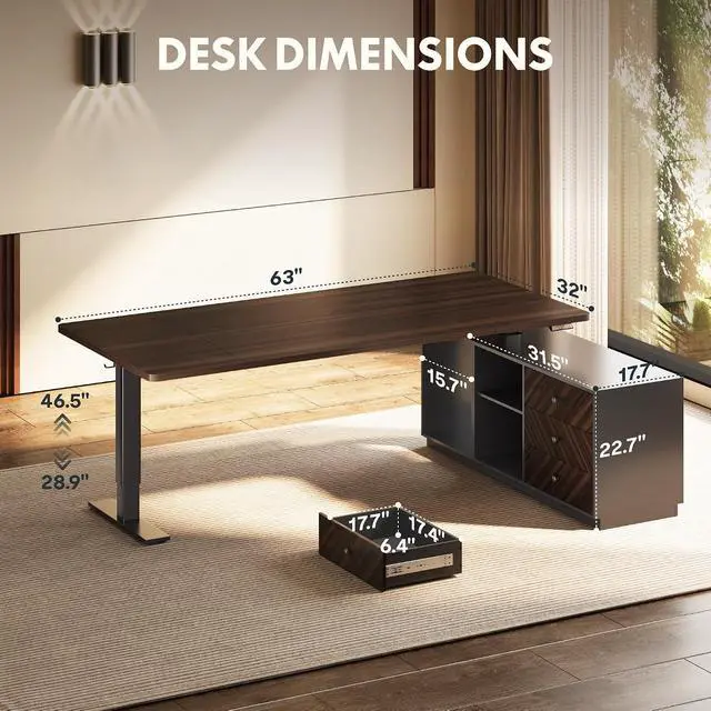 Alt view image 2 of 7 - L Shaped Executive Standing Desk with Drawers, Large Electric Height Adjustable Desk, Sit Stand Desk for Home Office and Workstation, PC Cabinet (63"x32" Black Walnut)