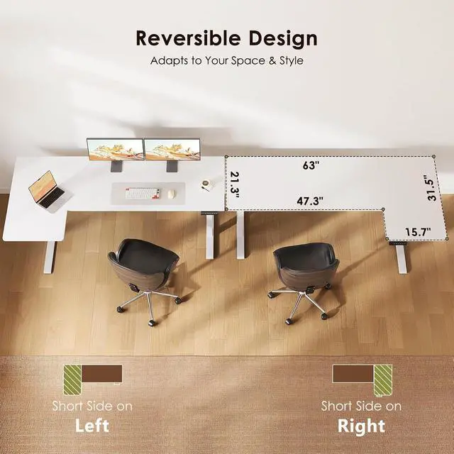 Alt view image 5 of 7 - Electric L Shaped Standing Desk, 63 Inches Height Adjustable Table, Reversible Corner Stand Up Desk, Lifting Computer Table for Home Office, Computer Workstation, White