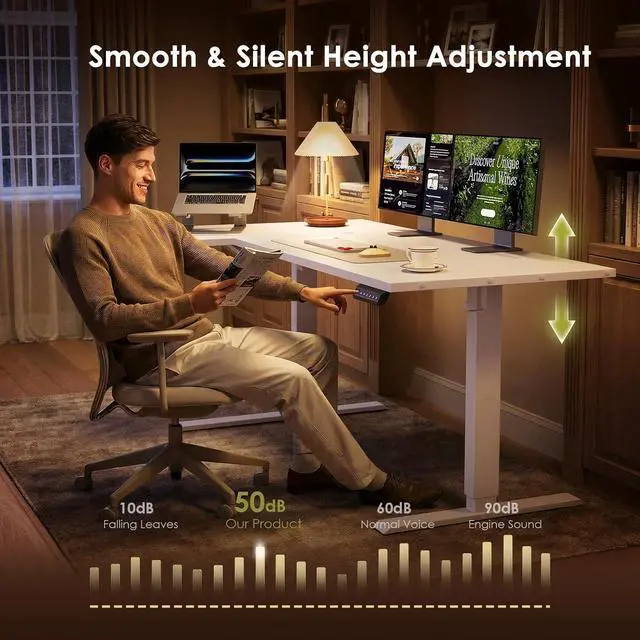 Alt view image 6 of 7 - Electric L Shaped Standing Desk, 63 Inches Height Adjustable Table, Reversible Corner Stand Up Desk, Lifting Computer Table for Home Office, Computer Workstation, White