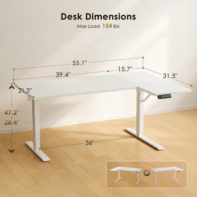 Alt view image 3 of 7 - Electric L Shaped Standing Desk, 55 Inches Height Adjustable Table, Reversible Corner Stand Up Desk, Lifting Computer Table for Home Office, Computer Workstation, White