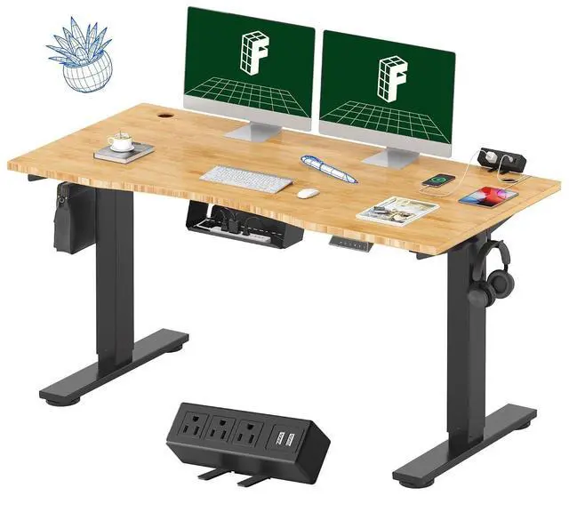 Main image of EN2 Bamboo Standing Desk with Clamp Power Strip, 55 x 28 Electric Stand Up Height Adjustable Desk with Cable Management (Black Frame + 55" Bamboo Top, 2 Packages)