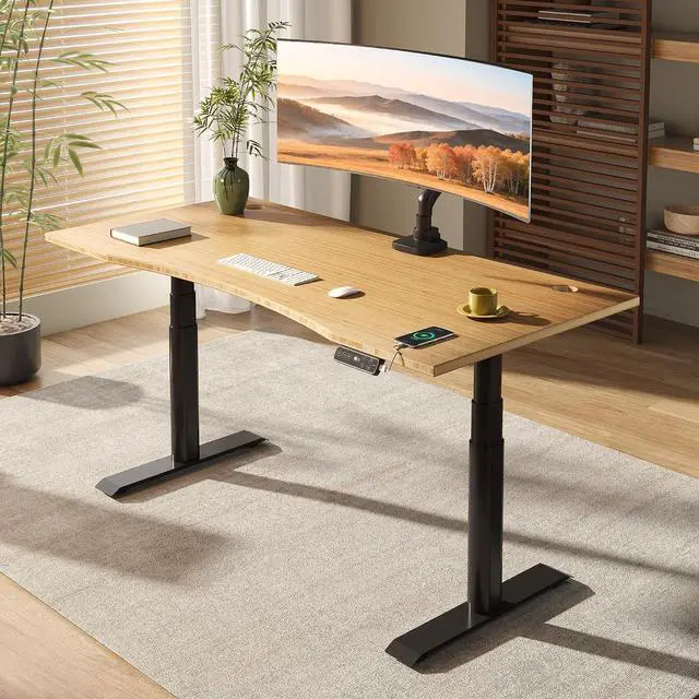 Main image of E6 Pro 60" x 30" Organic Modern Bamboo Standing Desk, Dual Motor 3-Stage Height Adjustable Desk with Oval Legs, Heavy Duty 330lbs, Bamboo Desktop with Ergonomic Curved Edge, Black Frame