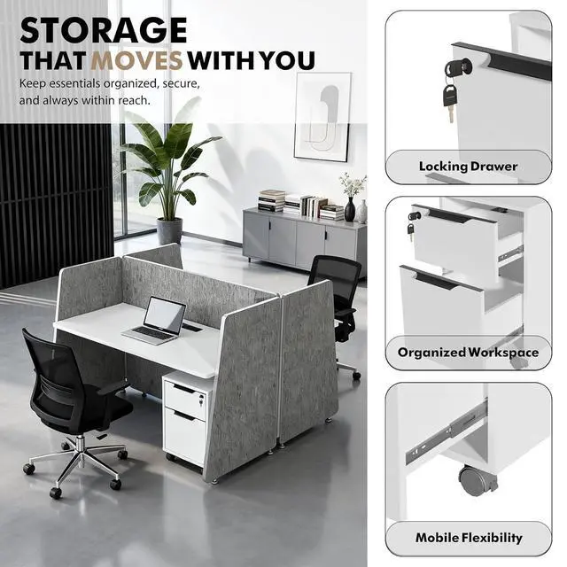 Alt view image 6 of 7 - 4-Person Modular Cubicle Desk Workstation | with Built-in Power & Mobile Storage, Acoustic Privacy Panels | Sleek, Scalable Layout for Modern Teams (White, 4 Person cubicles)