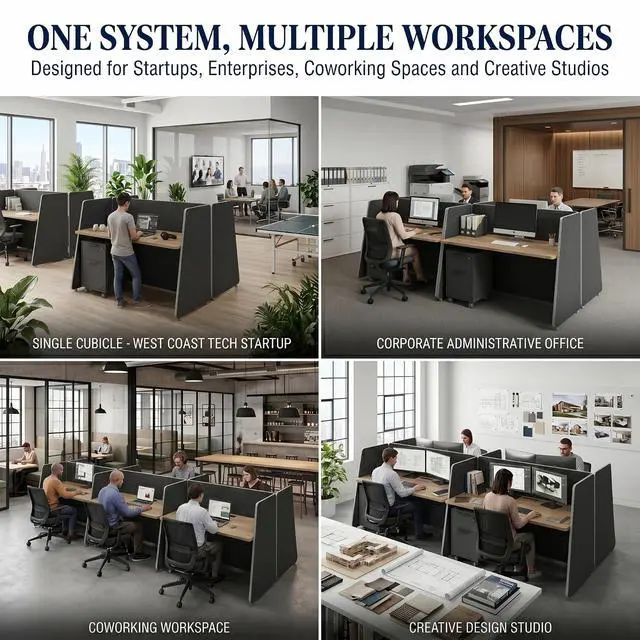 Alt view image 7 of 7 - 4-Person Modular Cubicle Desk Workstation | with Built-in Power & Mobile Storage, Acoustic Privacy Panels | Sleek, Scalable Layout for Modern Teams (Black, 4 Person cubicles)