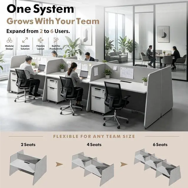 Alt view image 4 of 7 - 4-Person Modular Cubicle Desk Workstation | with Built-in Power & Mobile Storage, Acoustic Privacy Panels | Sleek, Scalable Layout for Modern Teams (White, 4 Person cubicles)
