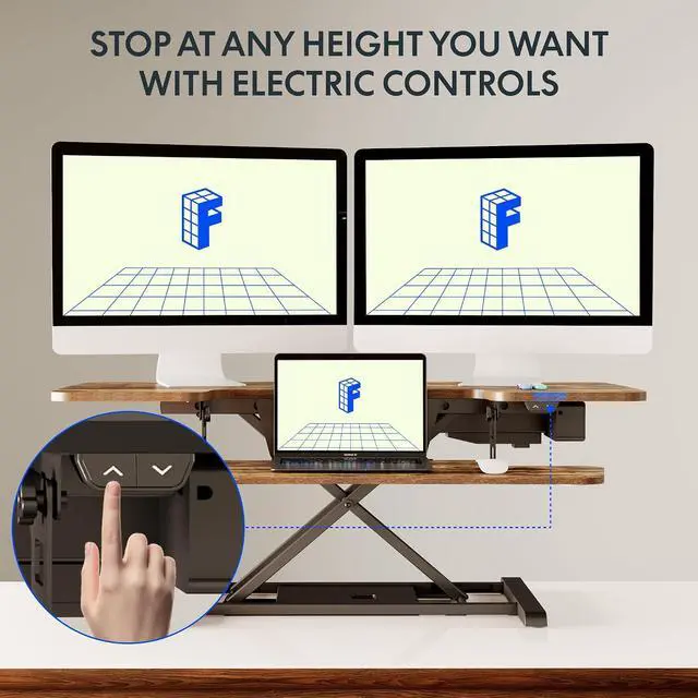 Alt view image 6 of 7 - 40 inch Electric Motor Desk Converter, Sit to Stand Monitor and Laptop Workstation, Height Adjustable Riser with Wide Keyboard Tray, Rustic Color