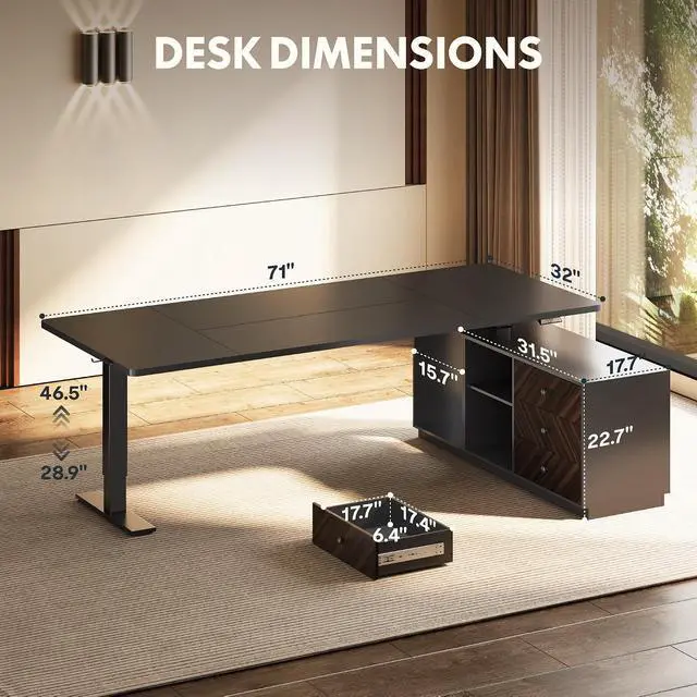 Alt view image 5 of 7 - L Shaped Executive Standing Desk with Drawers, Large Electric Height Adjustable Desk, Sit Stand Desk for Home Office and Workstation, PC Cabinet (71"x32" Black)