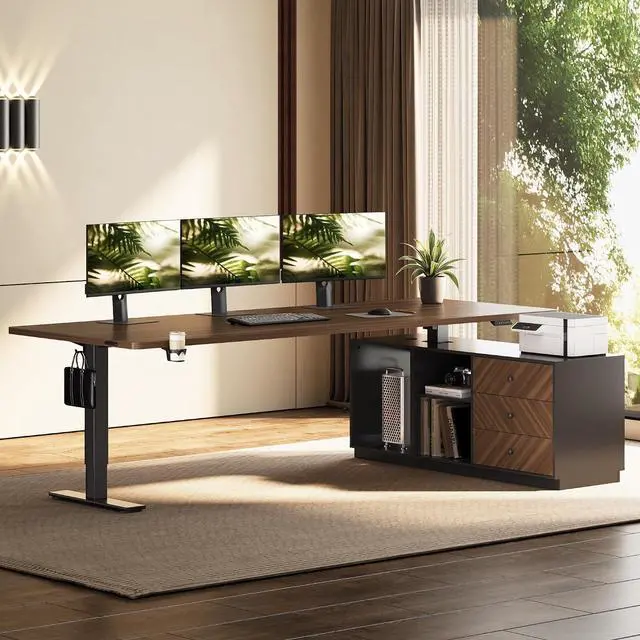 Main image of L Shaped Executive Standing Desk with Drawers, Large Electric Height Adjustable Desk, Sit Stand Desk for Home Office and Workstation, PC Cabinet (79"x32" Black Walnut)