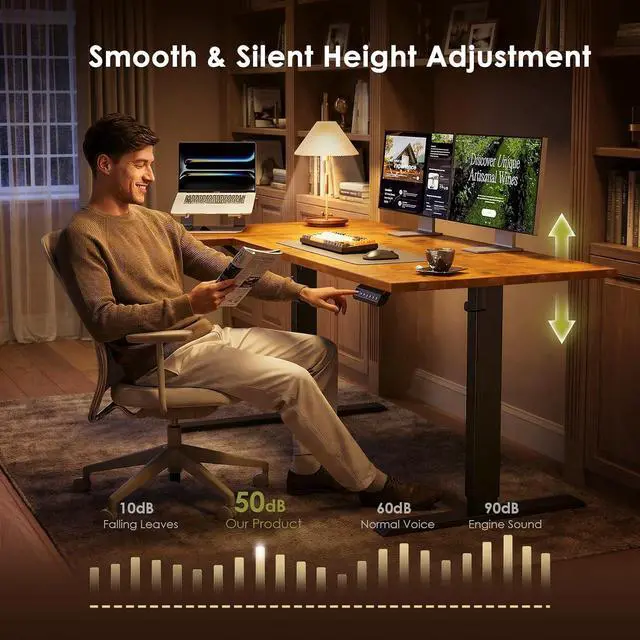 Alt view image 6 of 7 - Electric L Shaped Standing Desk, 63 Inches Height Adjustable Table, Reversible Corner Stand Up Desk, Lifting Computer Table for Home Office, Computer Workstation, Rustic Brown