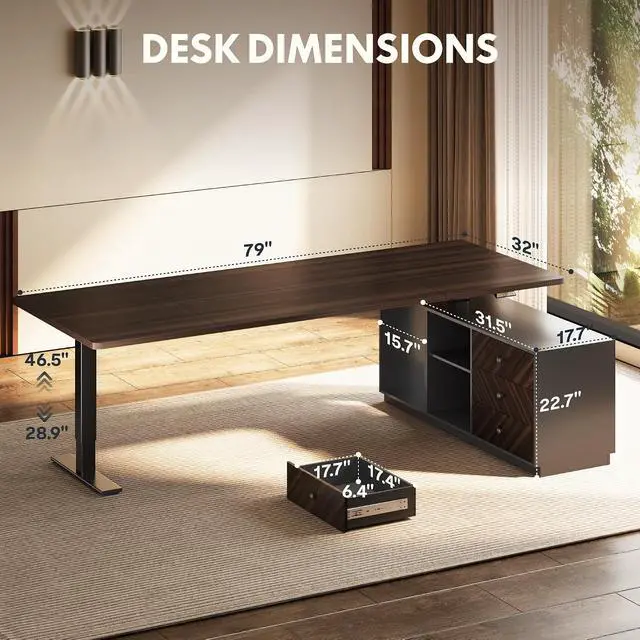 Alt view image 4 of 7 - L Shaped Executive Standing Desk with Drawers, Large Electric Height Adjustable Desk, Sit Stand Desk for Home Office and Workstation, PC Cabinet (79"x32" Black Walnut)
