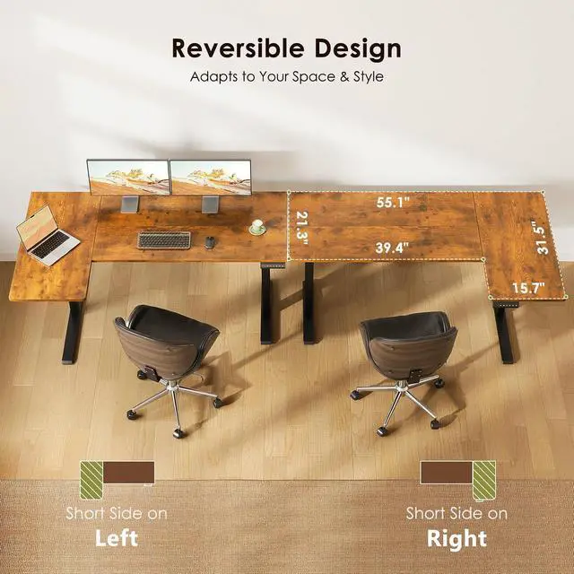 Alt view image 5 of 7 - Electric L Shaped Standing Desk, 55 Inches Height Adjustable Table, Reversible Corner Stand Up Desk, Lifting Computer Table for Home Office, Computer Workstation, Rustic Brown